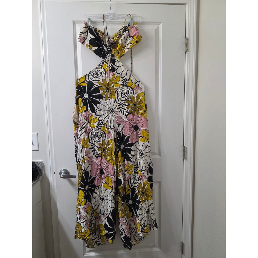 Anthropologie Parrott Paints Floral Cutout Halter Jumpsuit XL Yellow Pink Black